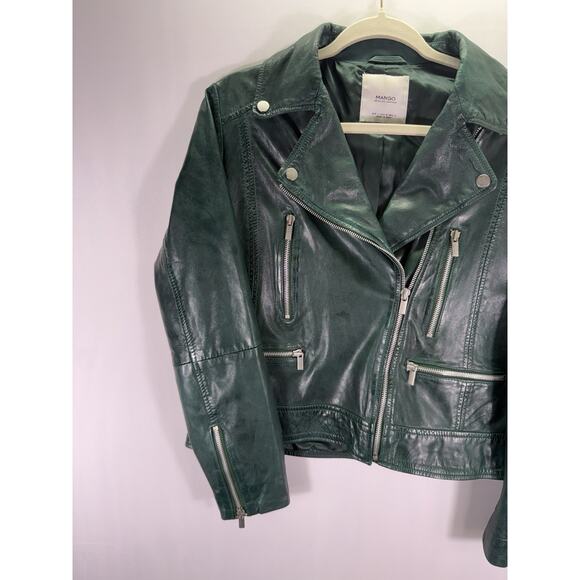 Mango Moto Genuine Leather Green Jacket Size Medium EUC - Picture 3 of 9